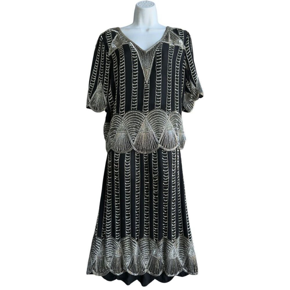 VTG 20s Judith Ann Creations Silk Sequin Top & Skirt Set Black S Glam Art Disco